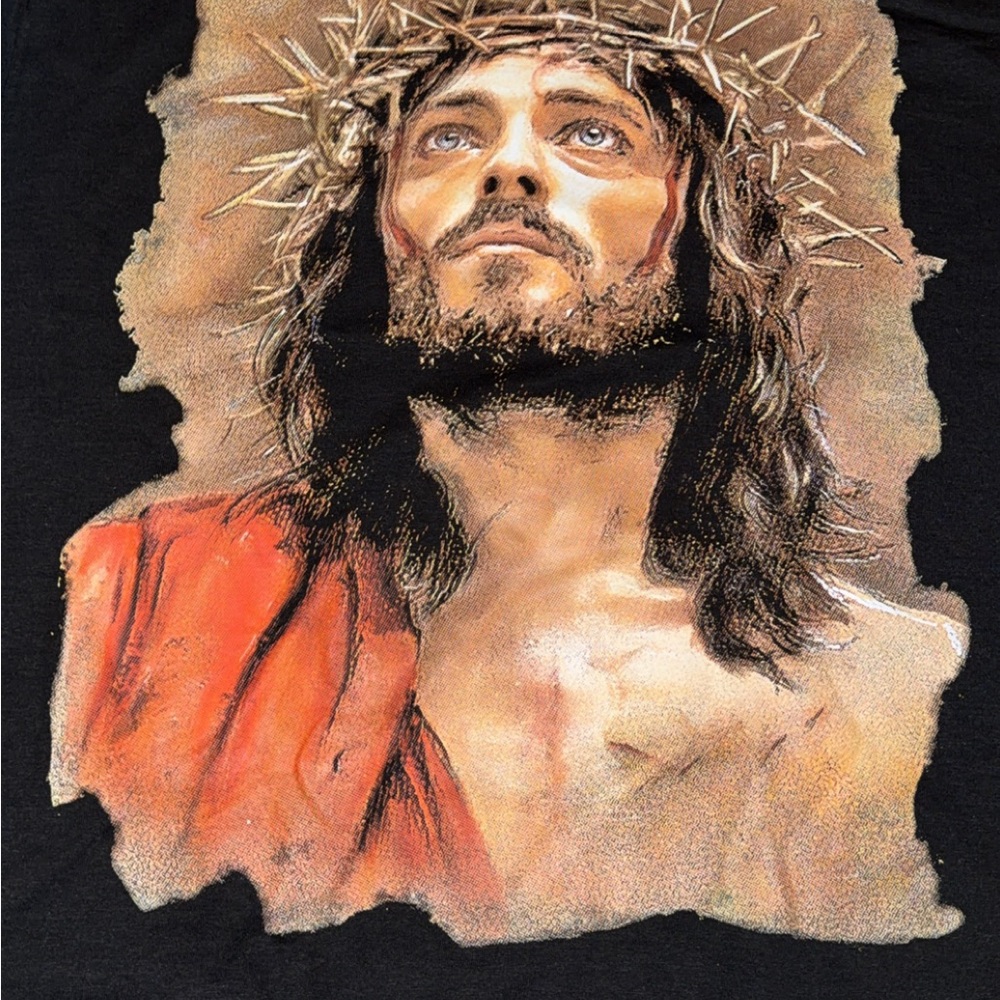 Black Jesus Graphic Crewneck T-Shirt with Religious Portrait - Picture 2 of 4